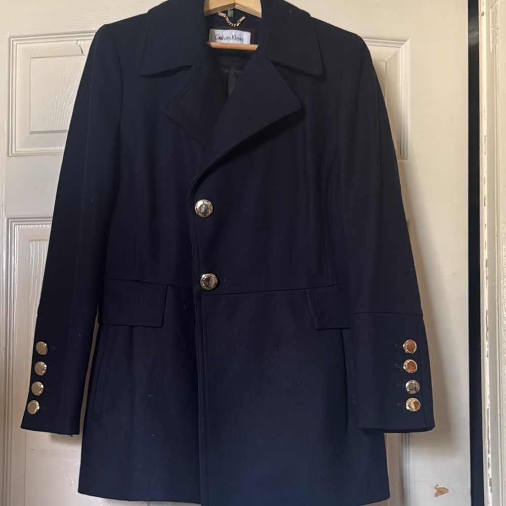 Calvin Klein Blue and Silver Pea Coat with Structured Shoulders